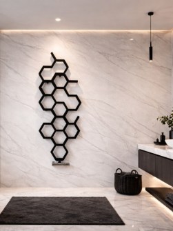 Six verticale design badkamerradiator met hoekige buizen en een moderne uitstraling, verkrijgbaar in alle RAL Classic-kleuren.